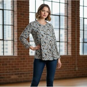 Rebecca‎ Taylor Women's 2 Jewel Neckline 3/4 Sleeve Floral Pattern Silk Blouse